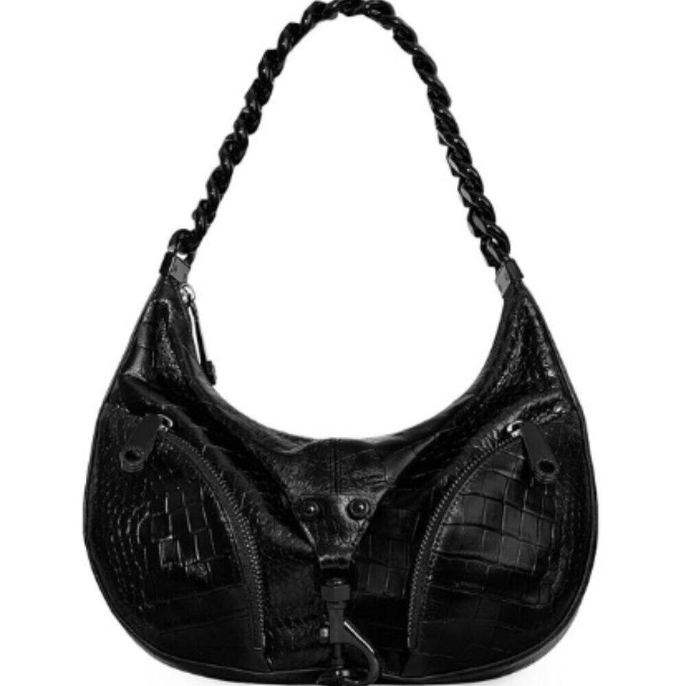 Rebecca Minkoff Julian Croissant Croc Embossed Leather Shoulder Bag – Black